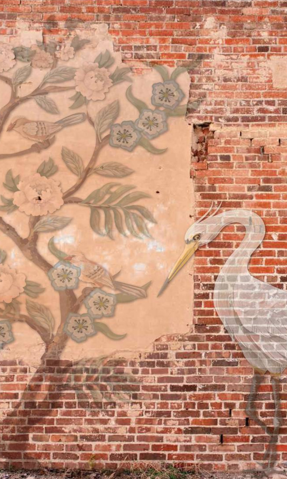 Red Orange Garden on Bricks Mural Wallpaper M1275-Sample