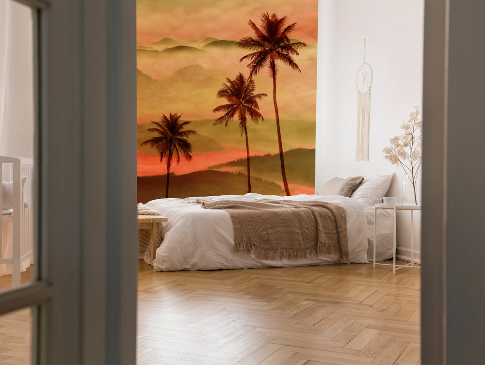 Red Summer sunset in palm Grove Mural Wallpaper M1262