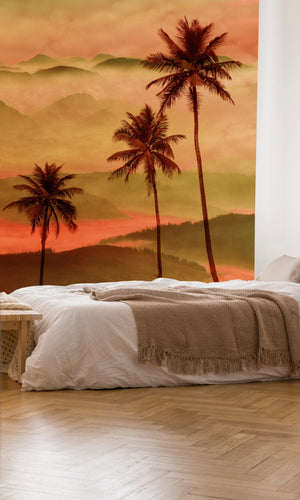 Red Summer sunset in palm Grove Mural Wallpaper M1262