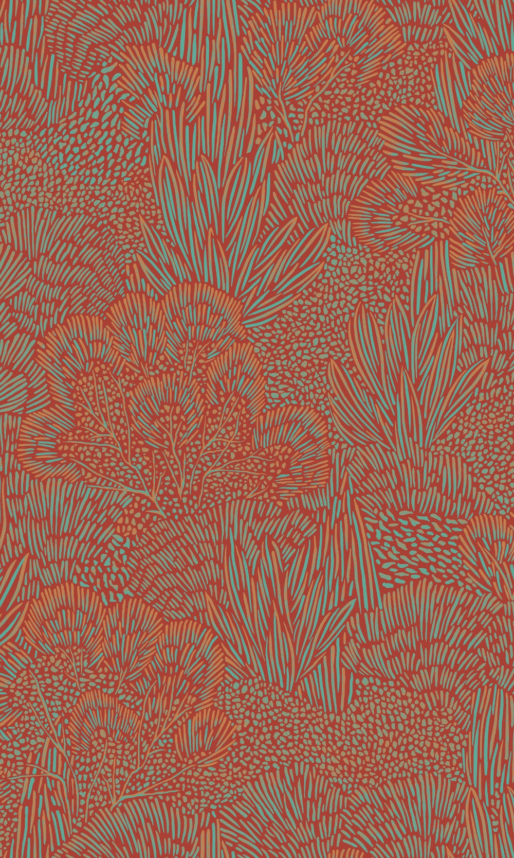 Red & Blue Embossed Leaves & Trees Tropical Wallpaper R9095