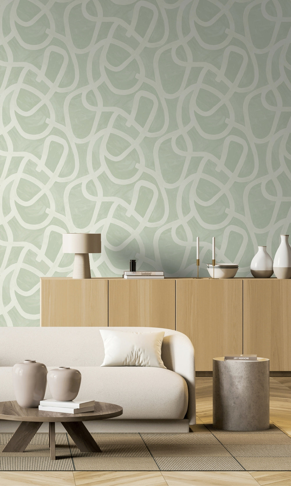 Sage Brushstroke Swirl Geometric Wallpaper R8267