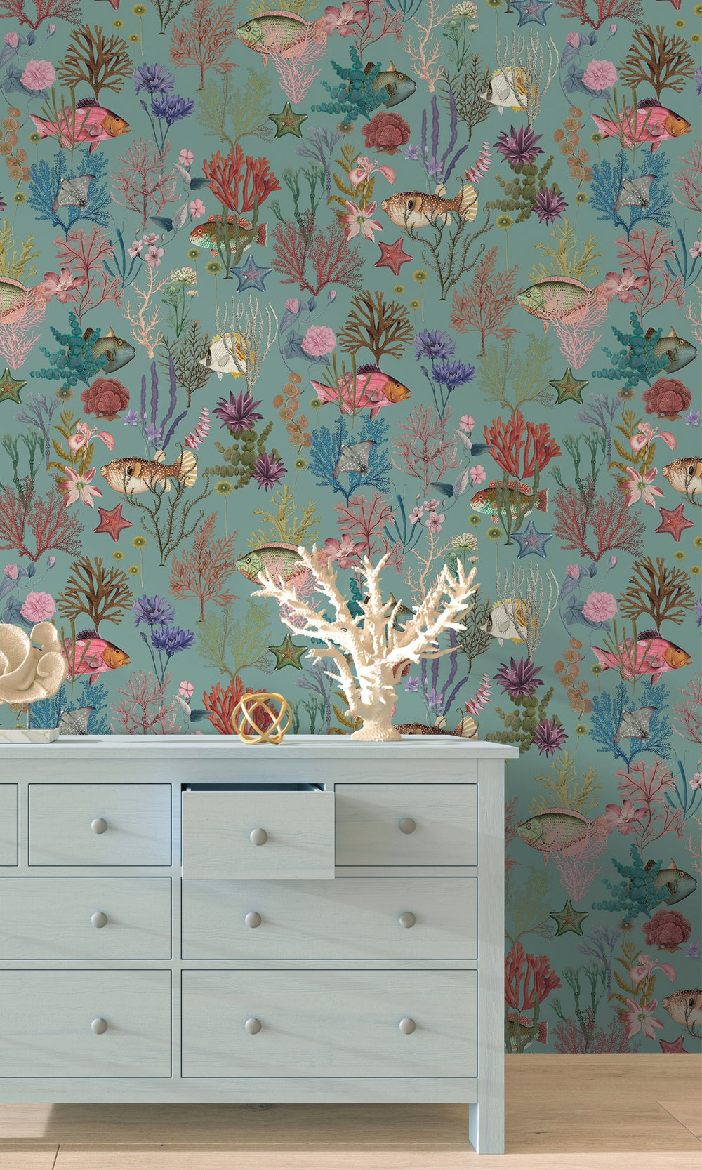 Soft Aqua Ocean with Fishes and Corals Wallpaper RM9014
