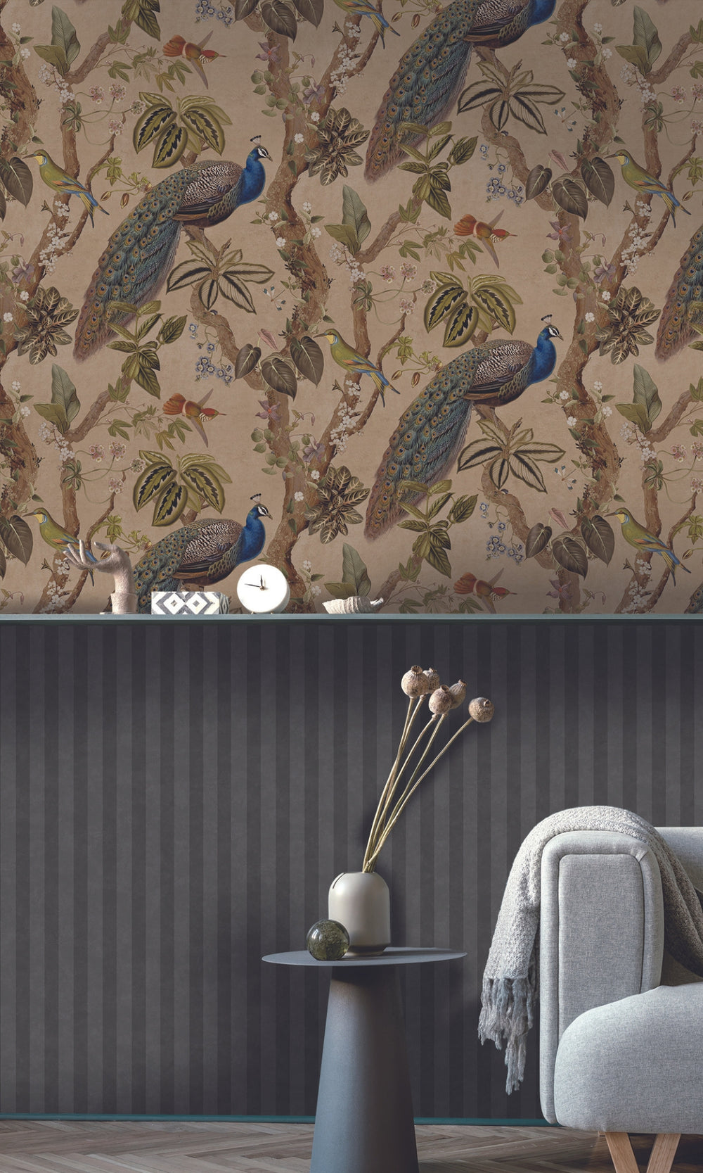 Taupe Climbing Peacock & Climbing Florals Tropical Wallpaper R8987