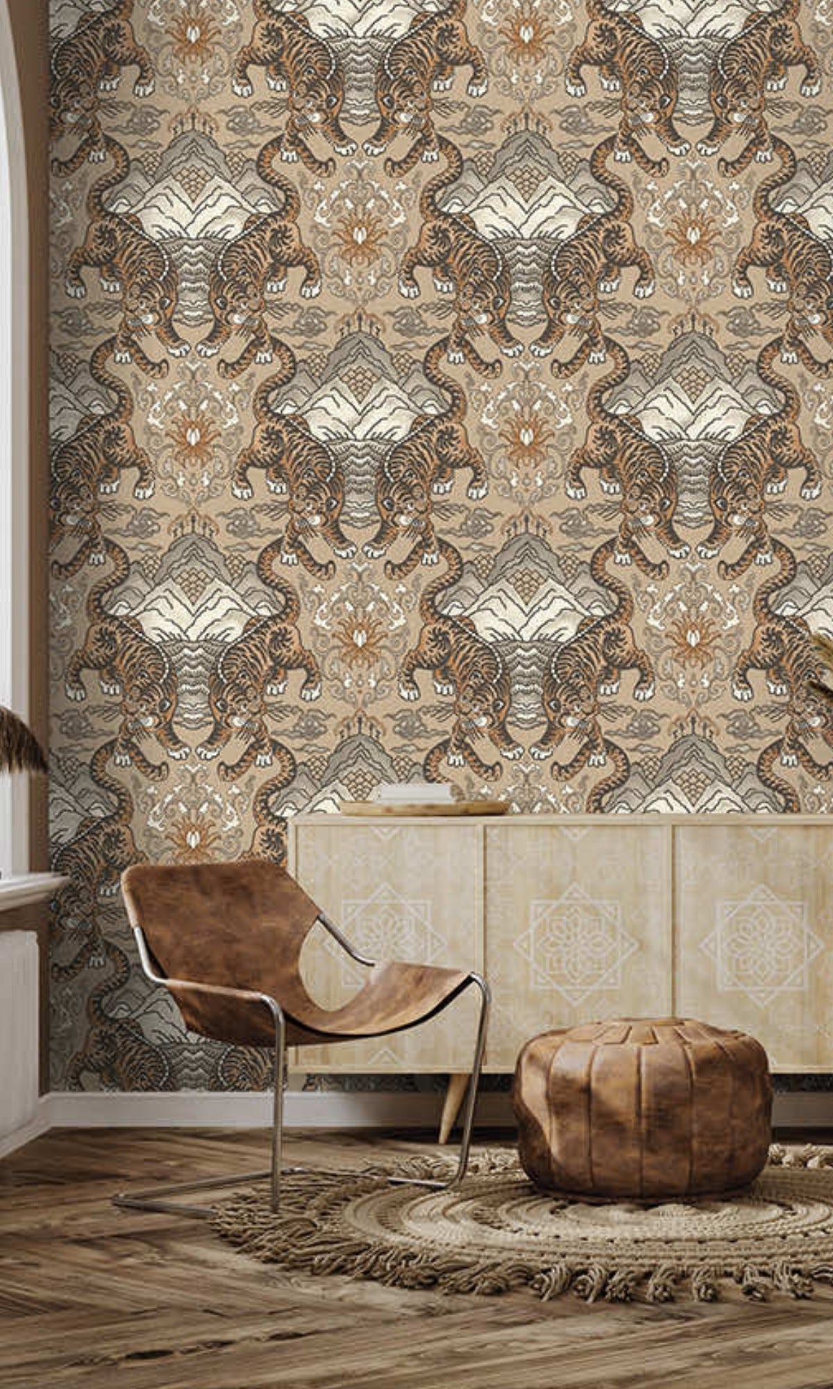 Taupe Tiger Chinese Inspired Textured Wallpaper R8411