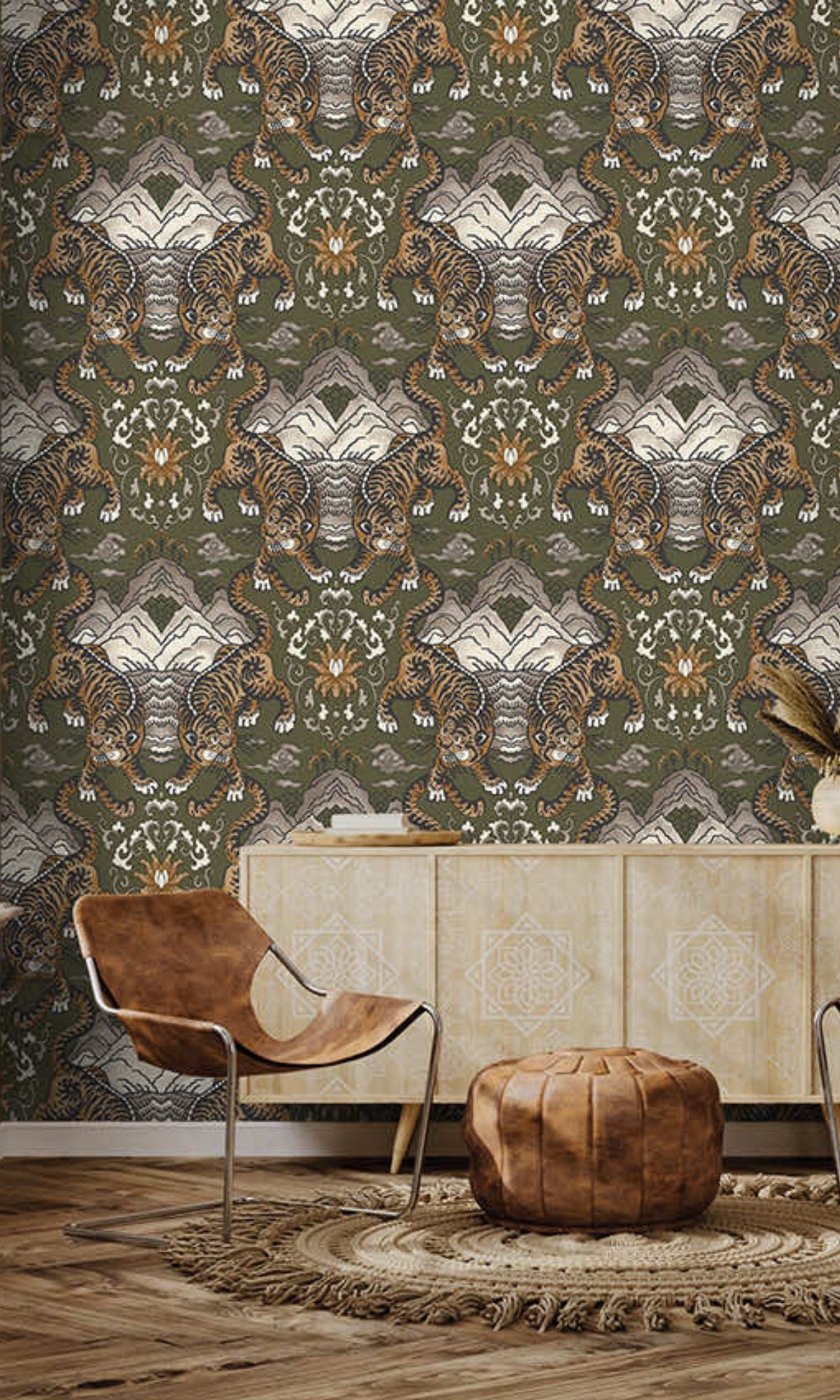 Khaki Tiger Chinese Inspired Textured Wallpaper R8412