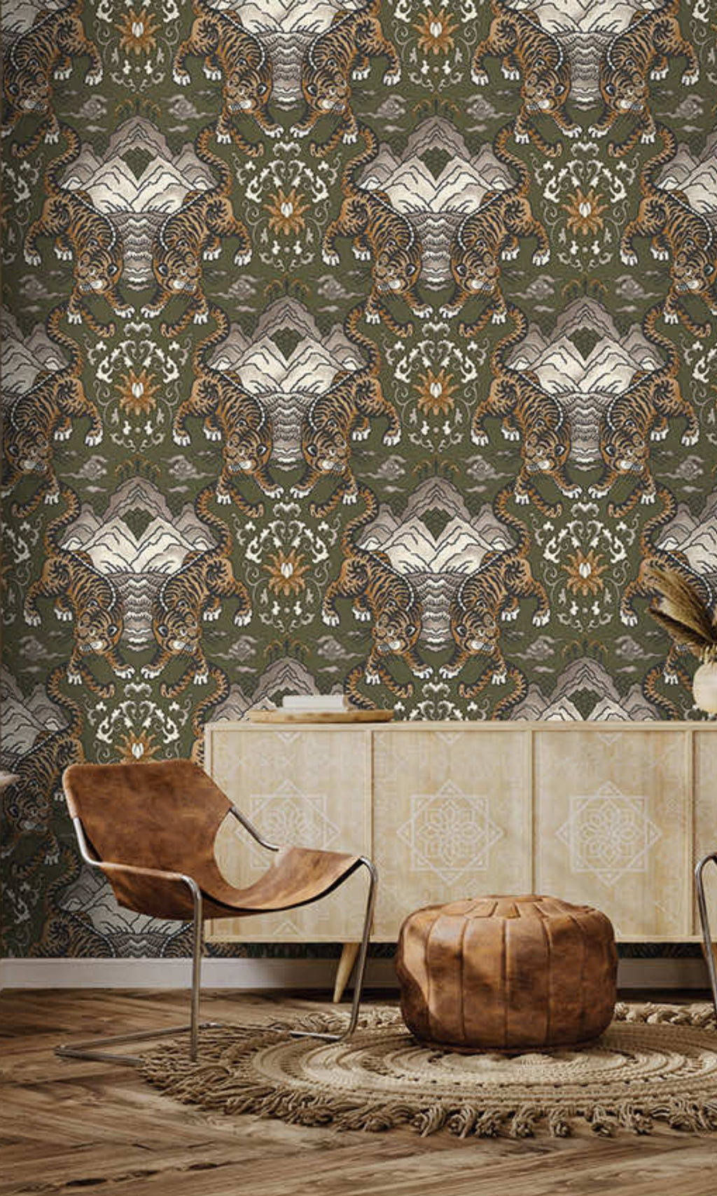 Khaki Tiger Chinese Inspired Textured Wallpaper R8412 – Walls Republic US