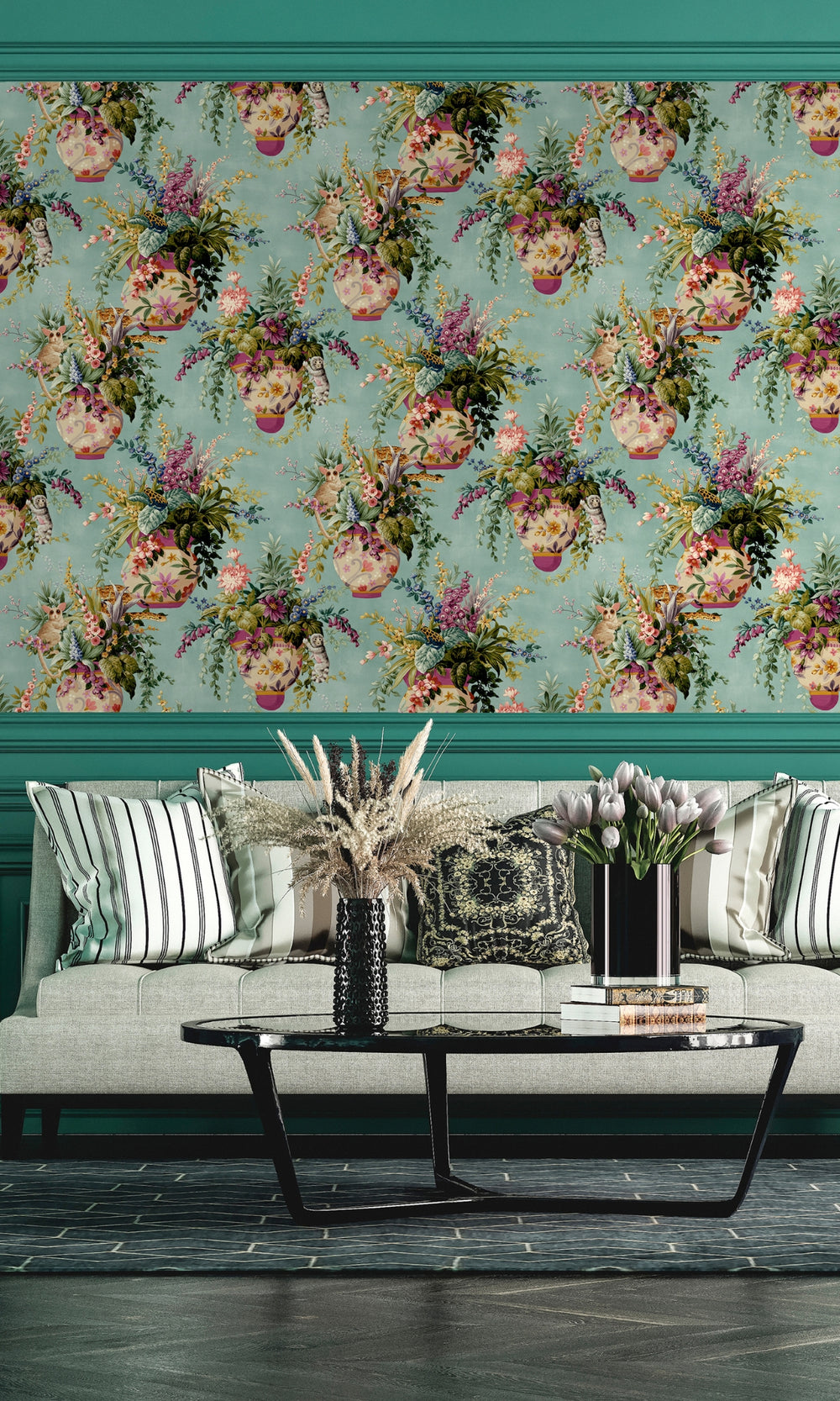 Teal Vintage inspired Hidden Jungle Wallpaper R8274