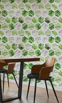Watercolour Hexagon with Palm Leaves Mural Wallpaper M1309