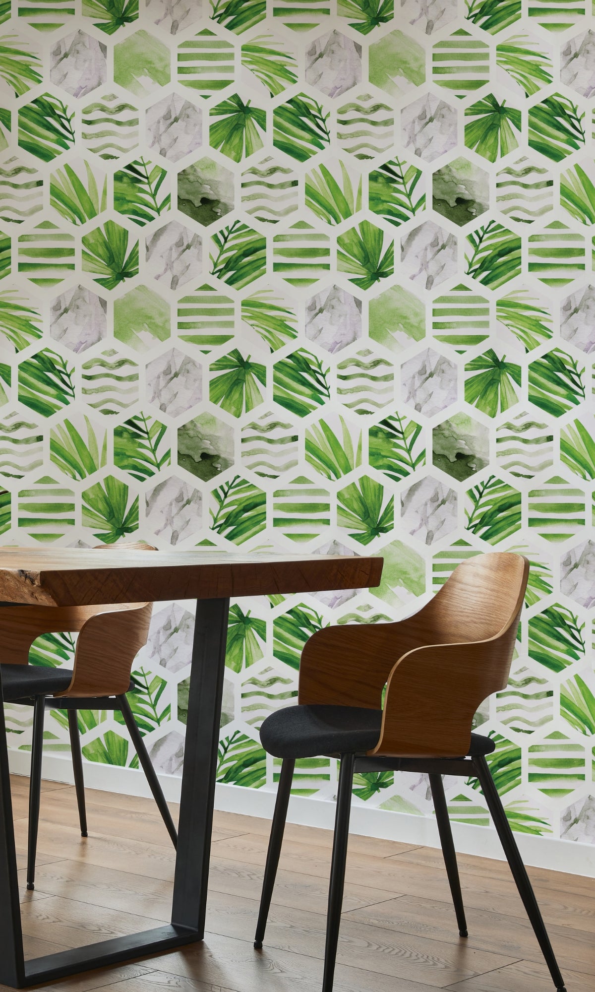 Watercolour Hexagon with Palm Leaves Mural Wallpaper M1309-Sample