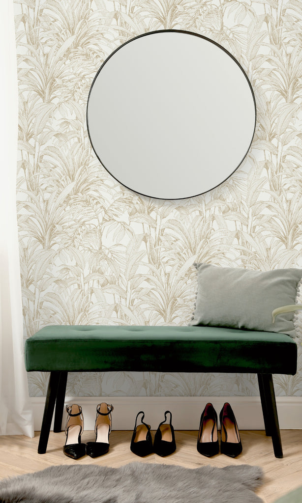 White & Gold Jungle Leaves Tropical Wallpaper R8358