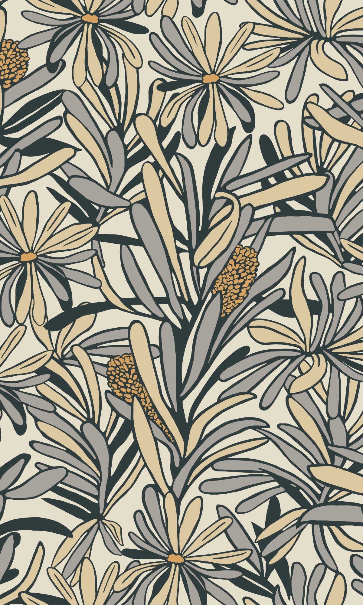 White & Grey Plant Pattern Non-Woven Tropical Wallpaper R9099