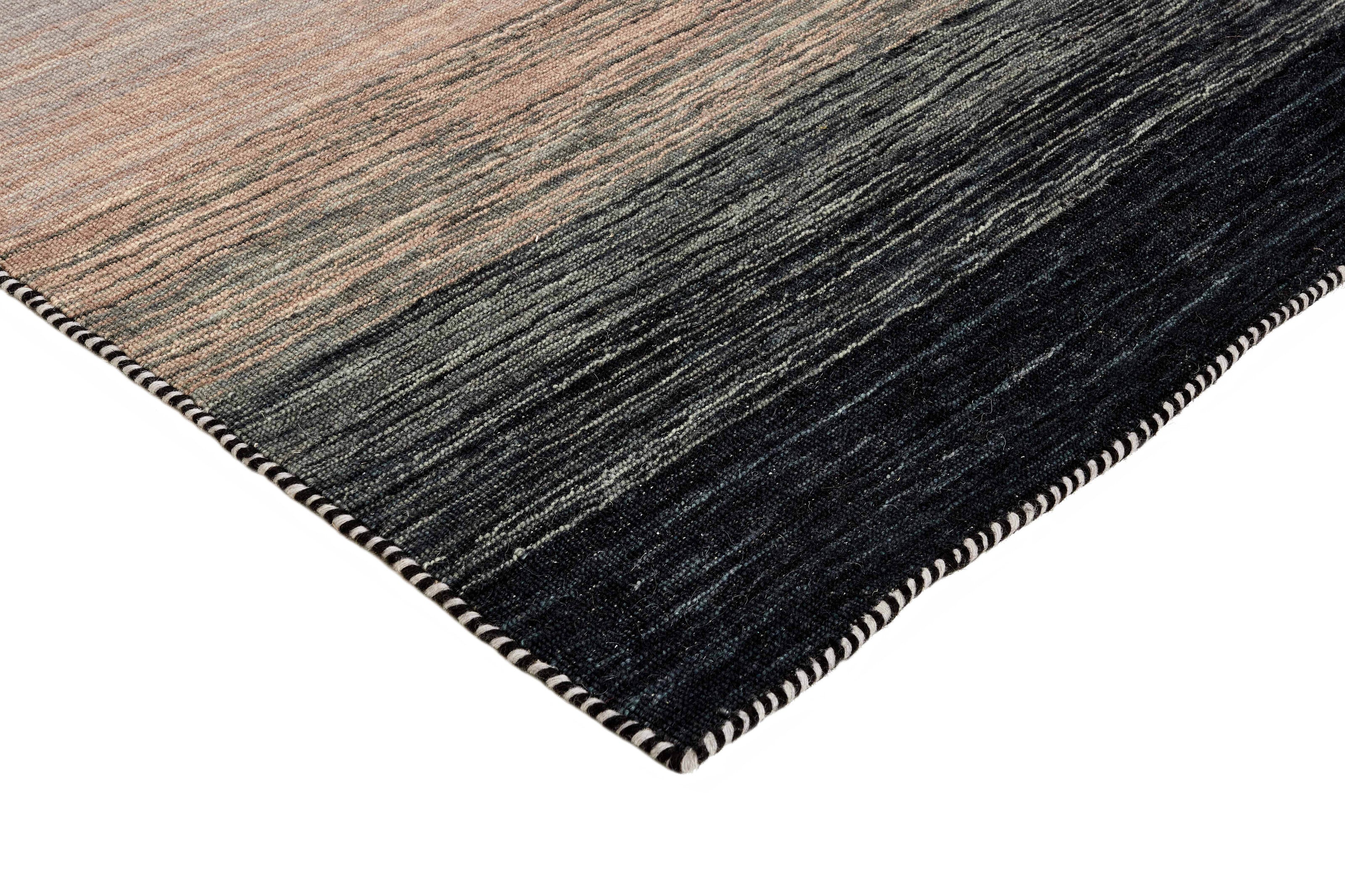 Black Grey Abstract Panoramic Stripes Handloom Rectangular Luxury