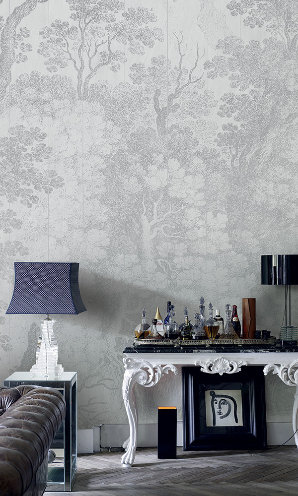 Grey Engraved Forest Scene Mural M9426 | Digital Art Wallpaper