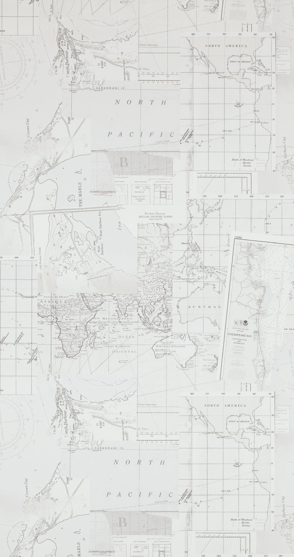Washed Layer White Pacific Map Wallpaper R4320