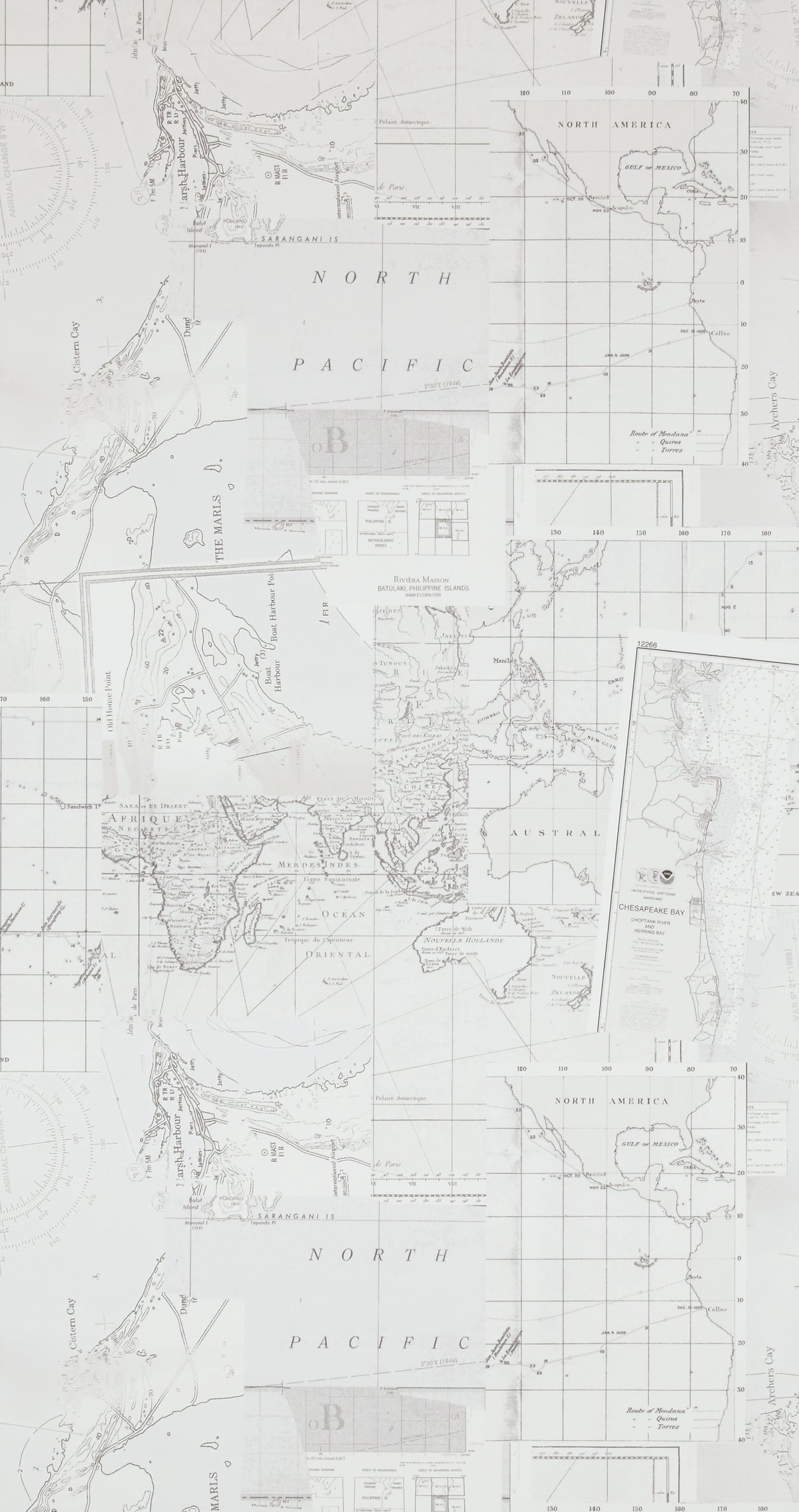 Washed Layer White Pacific Map Wallpaper R4320