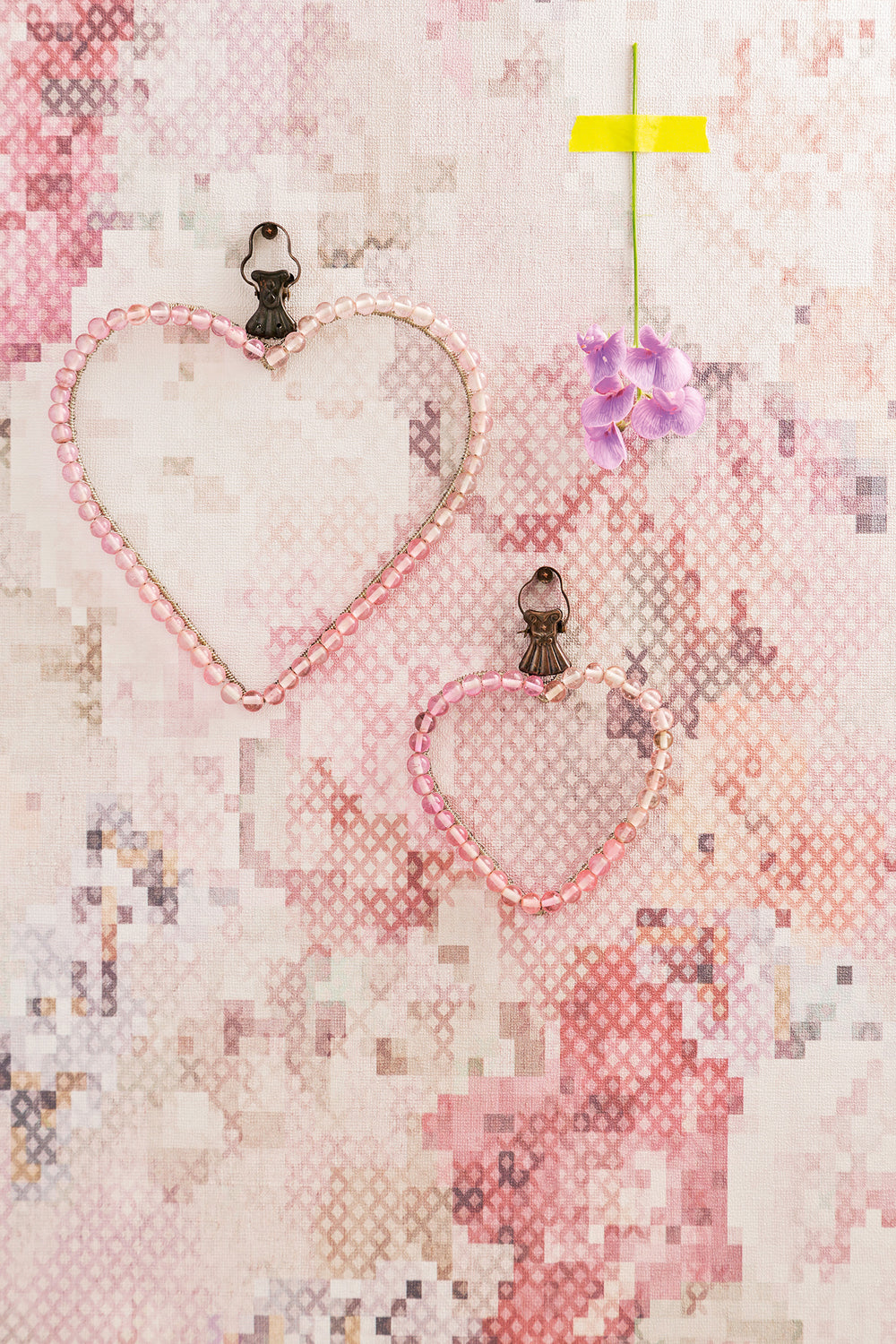 Geometric Pixellated Floral Wallpaper Pink and Violet R4658
