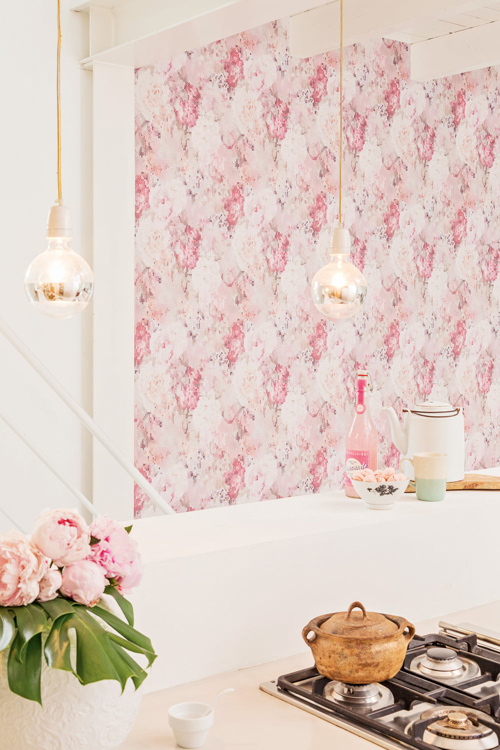 Geometric Pixellated Floral Wallpaper Pink and Violet R4658