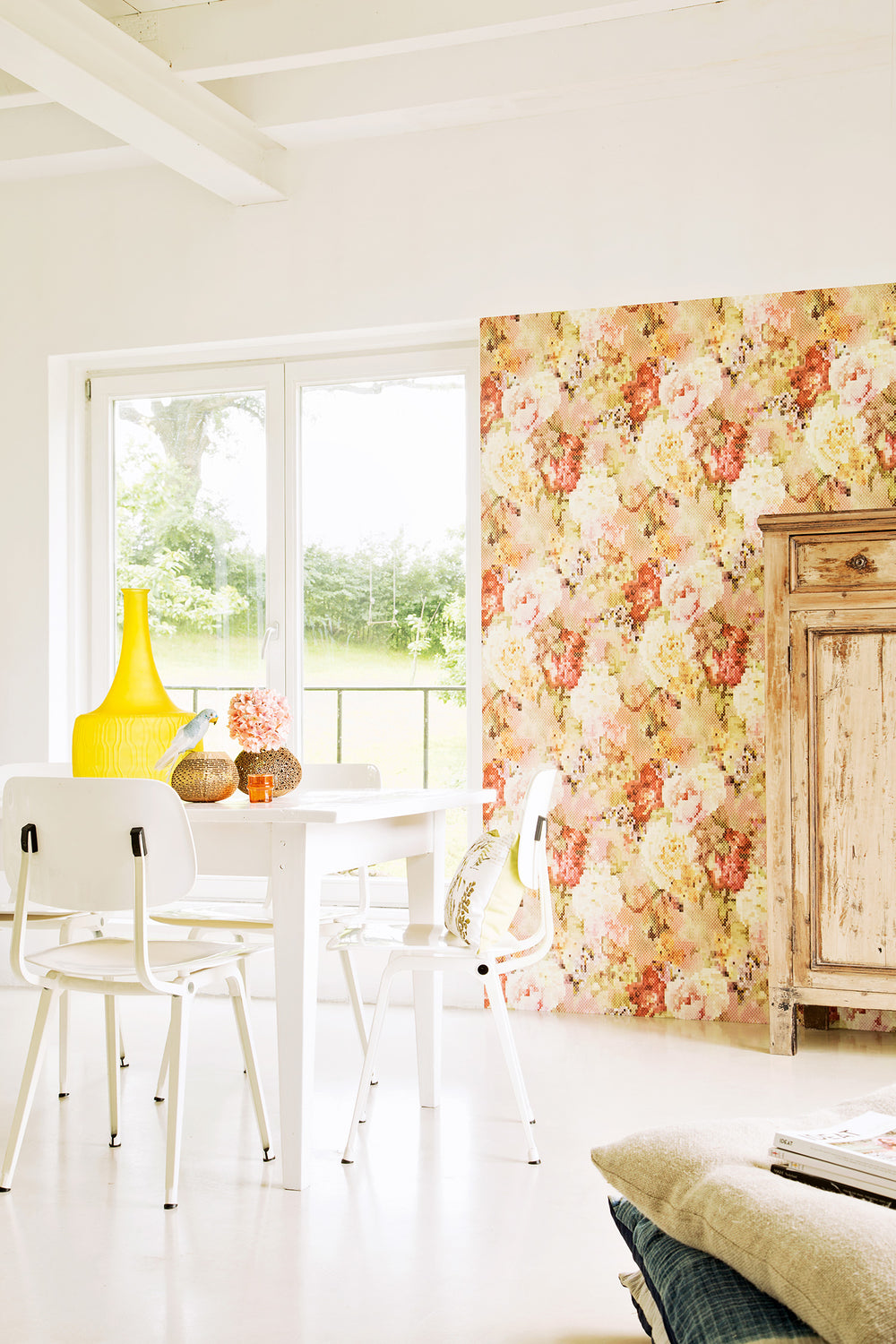 Geometric Pixellated Floral Wallpaper Red and White R4656