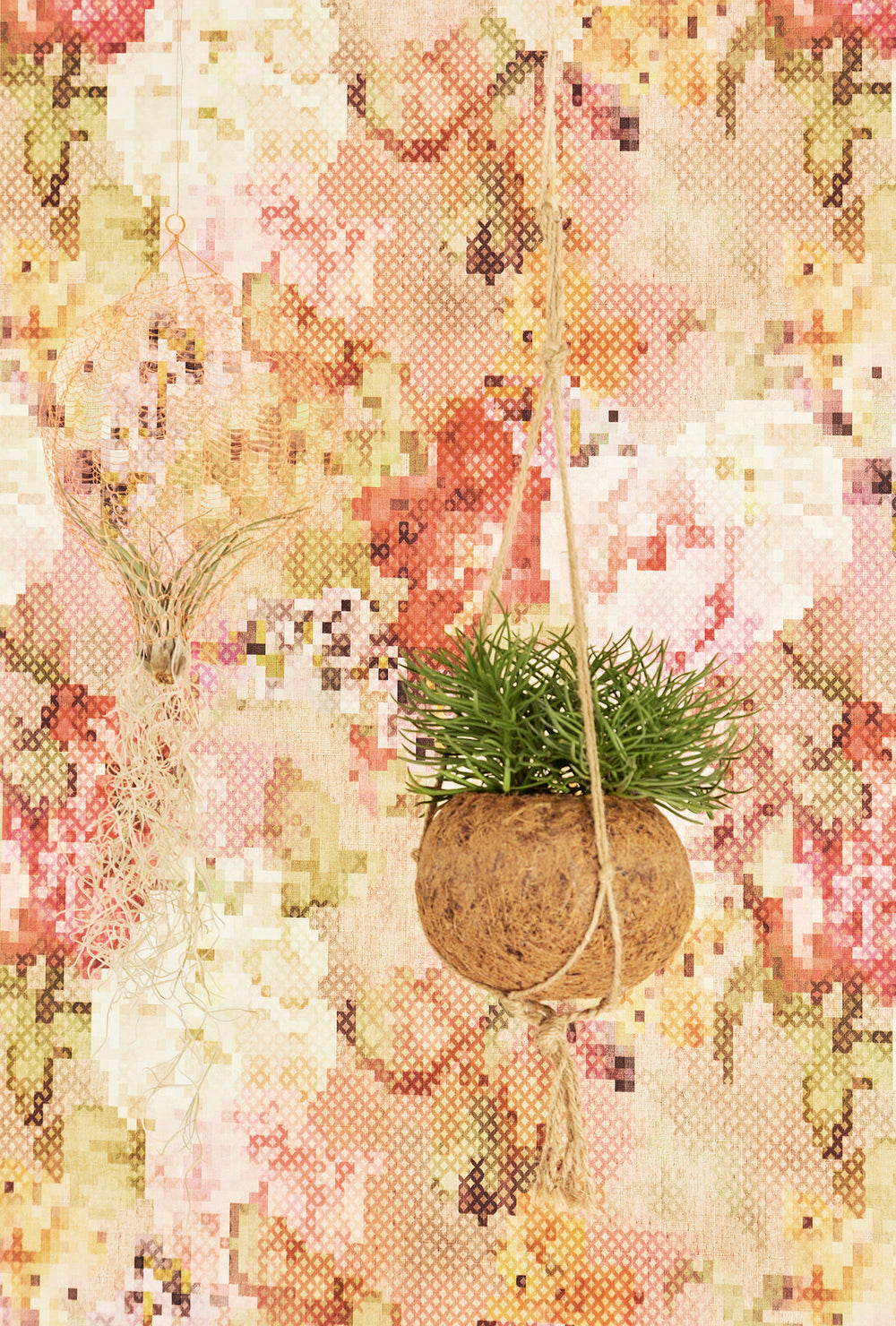 Geometric Pixellated Floral Wallpaper Red and White R4656