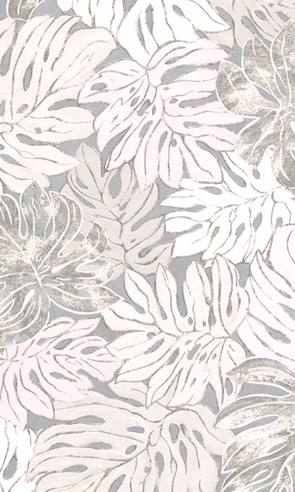 Blush Pink & Cool Grey Bold Overlaying Jungle Leaves Wallpaper R5918