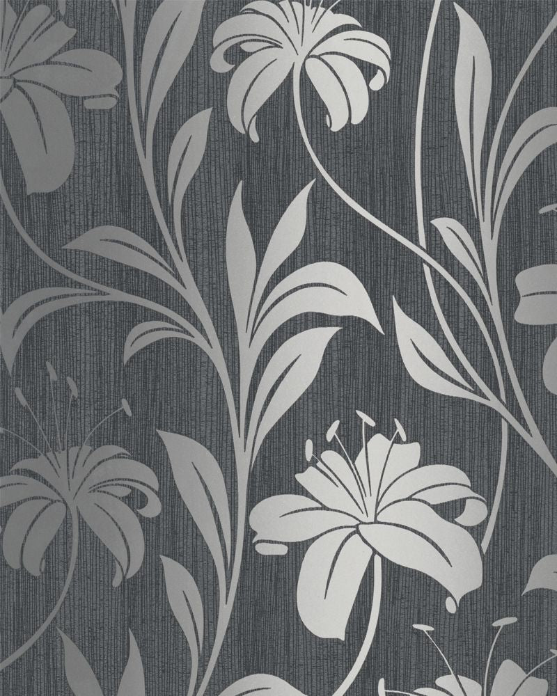 Contemporary Floral Metallic Black Wallpaper R3978
