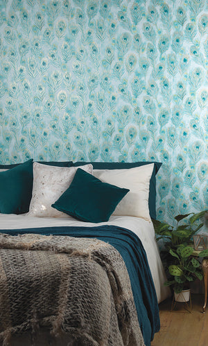 peacock feathers wallpaper, Teal Peacock Feathers Wallpaper R6096 | Luxury Home Interior