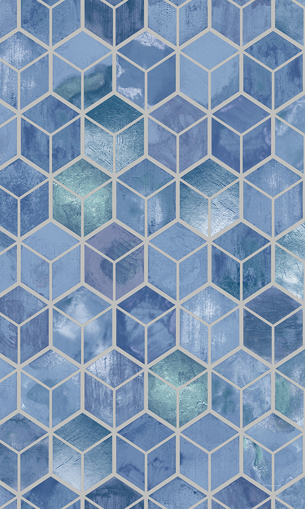 3 dimensional cubes geometric wallpaper, Navy Metallic Weathered Cubes Wallpaper R6100 | Modern Home Interior