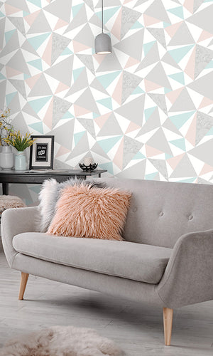 fun geometric triangles wallpaper, Pink & Soft Teal Party Triangles Wallpaper R6110 | Modern Home Ideas