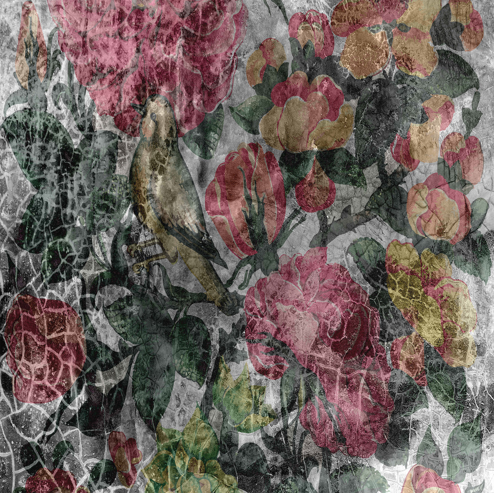 weathered floral on concrete wallpaper