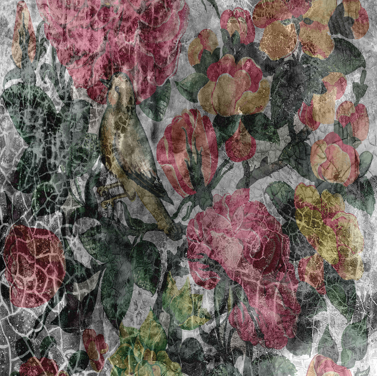 weathered floral on concrete wallpaper