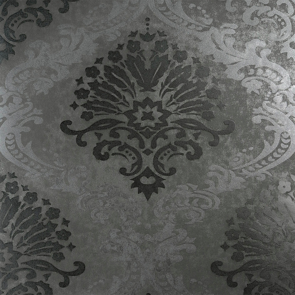 Luxurious Metallic Rich Dark Grey Damask Wallpaper R3886