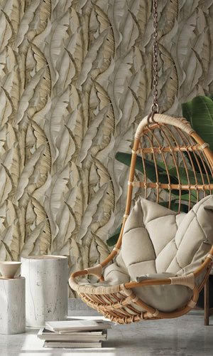 Beige Banana Leaves Tropical Wallpaper R7934