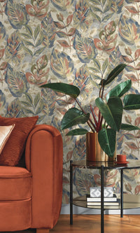 Beige Aralia Leaves Metallic Textured Botanical Wallpaper R7593