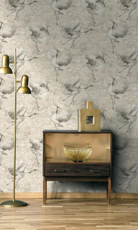 Beige Sarus Crane in the Field Metallic Wallpaper R7589