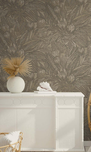 Beige Bold Leaves and Protea Flowers Tropical Wallpaper R7685