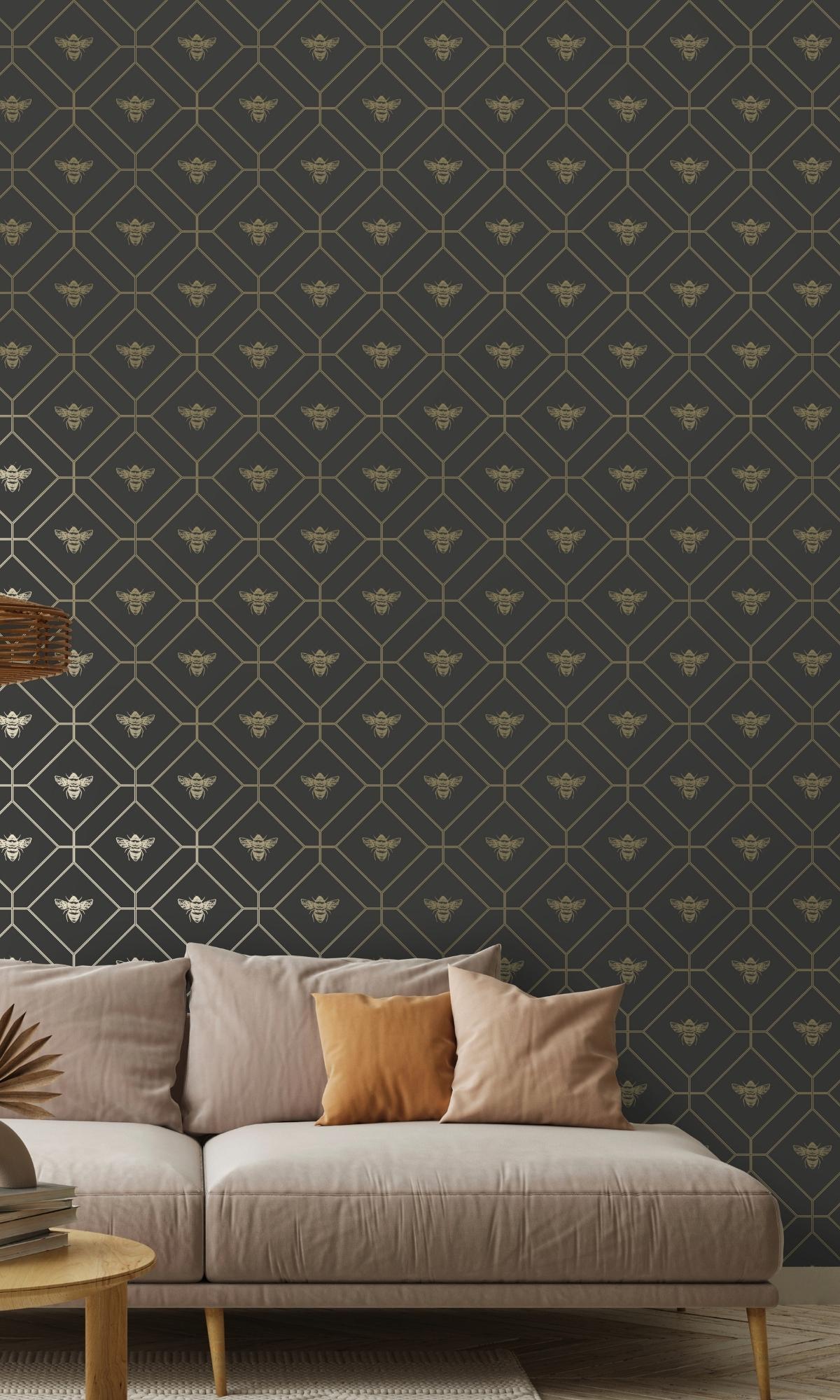Charcoal & Gold Honey Comb in Geometric Design Wallpaper R7656