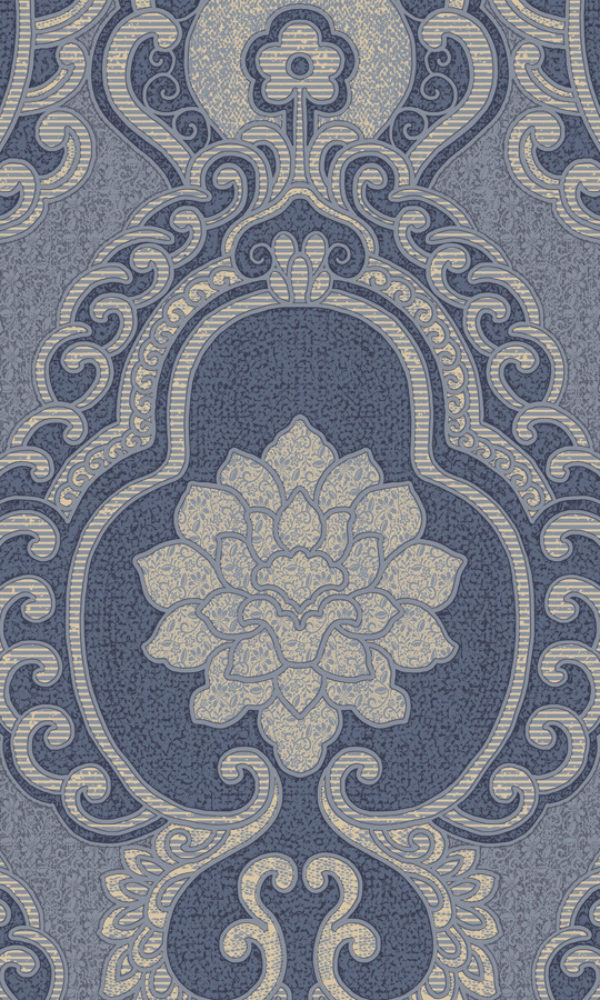 Blue Floral Damask Traditional Wallpaper R3432
