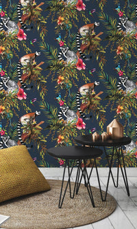 Blue Lemur in Tropical Rainforest Floral Wallpaper R7638