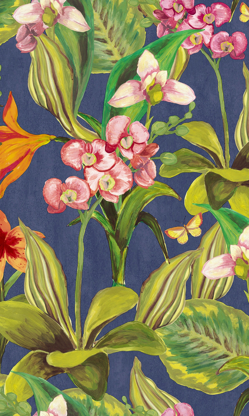 Blue & Pink Hand Painted Orchids Floral Wallpaper R8143