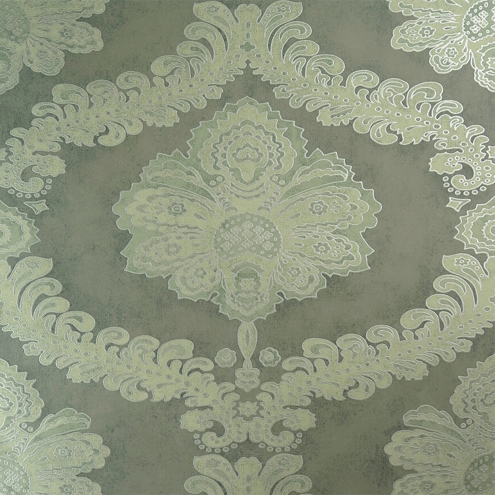 Classic Green Floral Metallic Damask Wallpaper R3817
