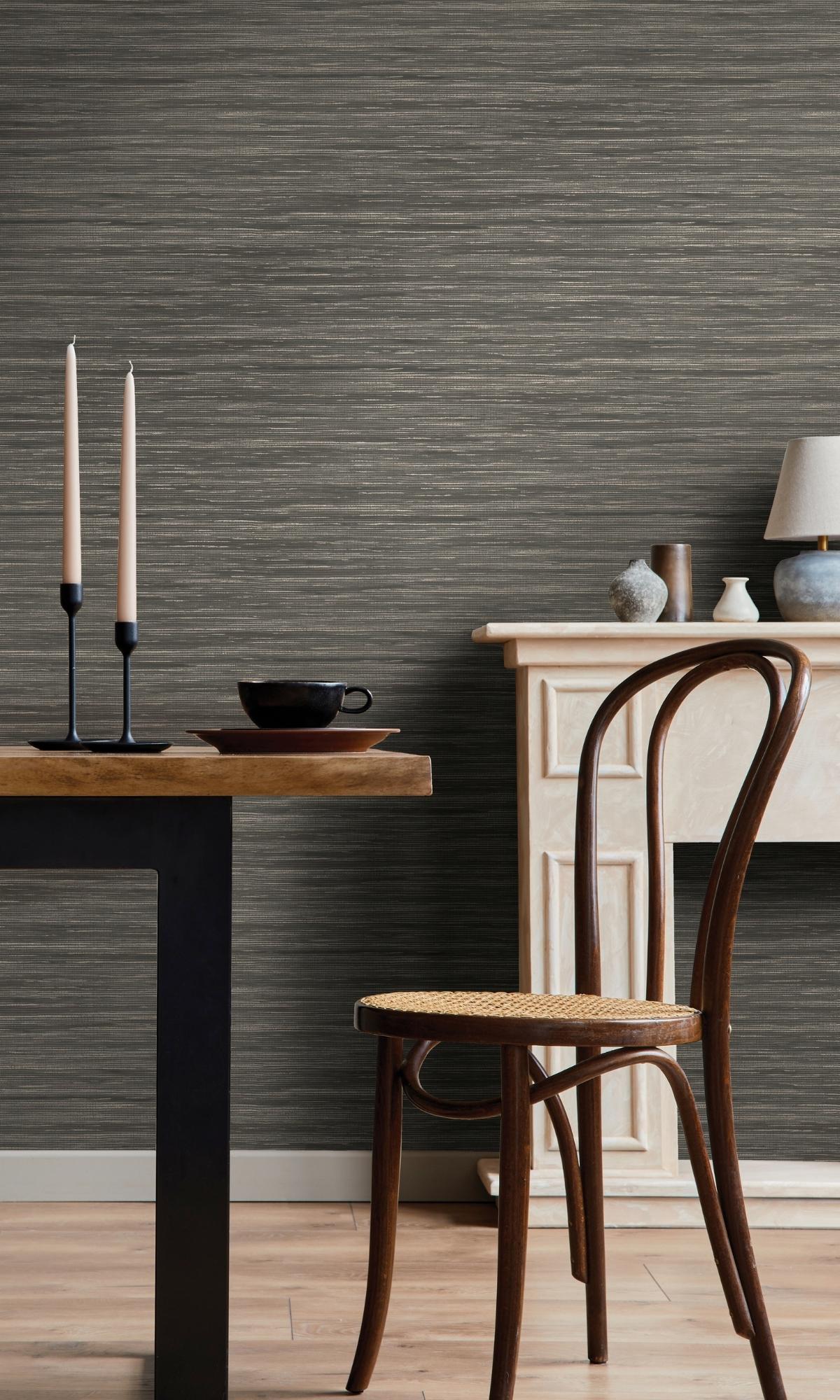 Charcoal Plain Grasscloth-like Textured Metallic Wallpaper R7621