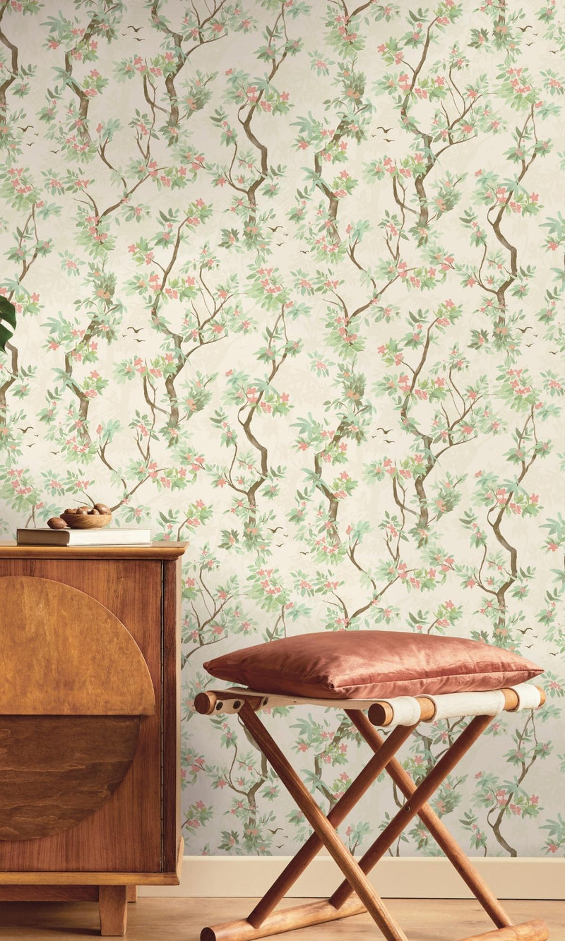 Cream & Pink Wild Blossoming Tree Tropical Wallpaper R7622