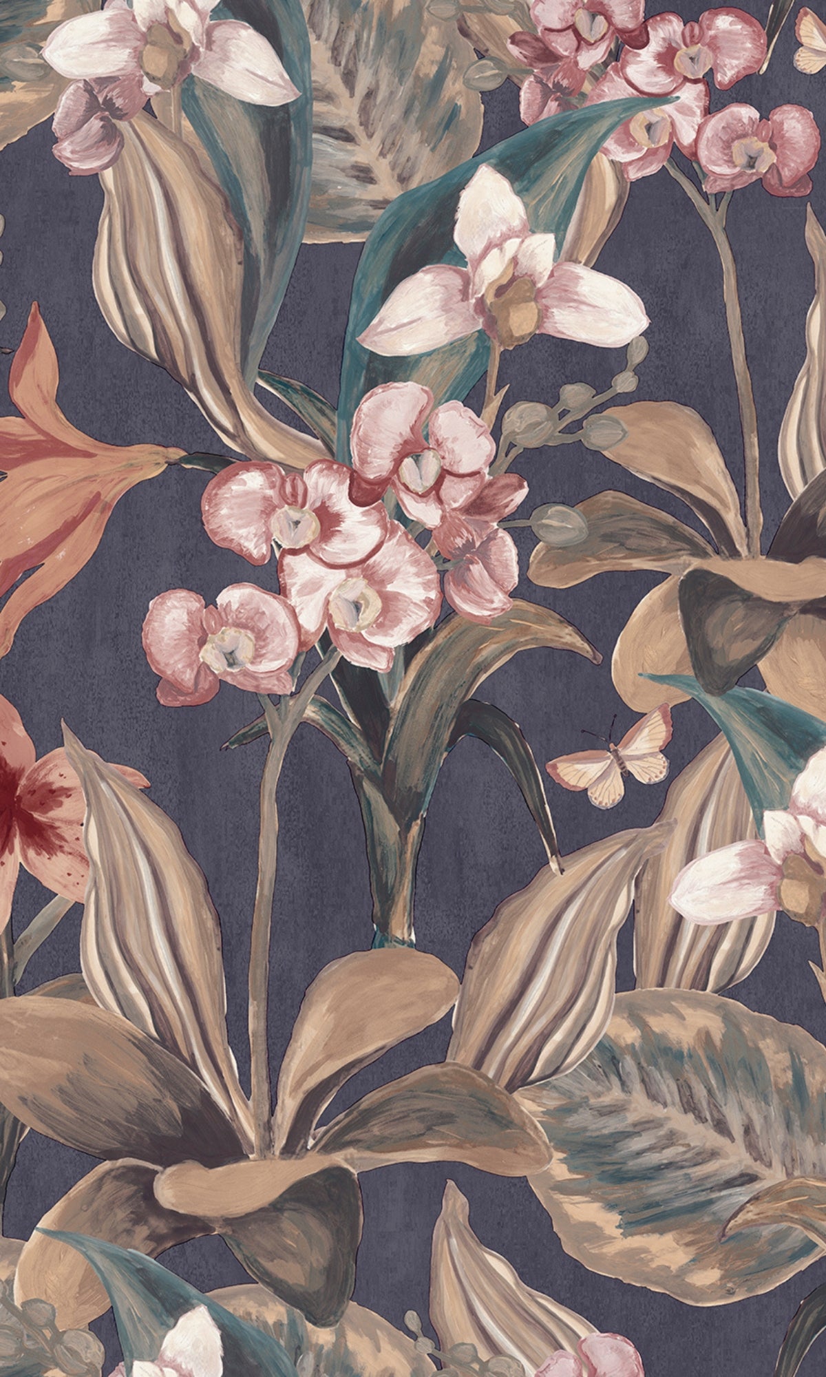 Dark Blue Hand Painted Orchids Floral Wallpaper R8140