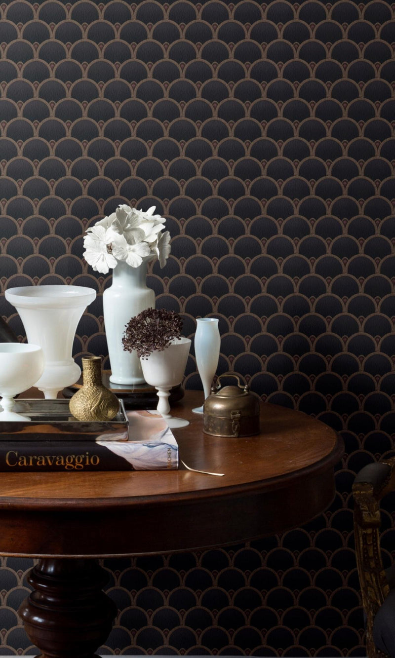 Dark Grey Art Deco Fan Geometric Wallpaper R7803