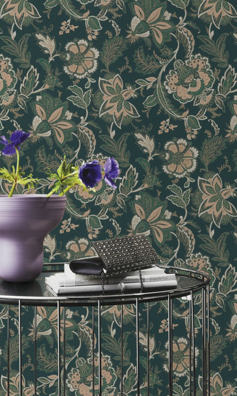 Green Hand Drawned  Bold Floral Blossoms Wallpaper R7878