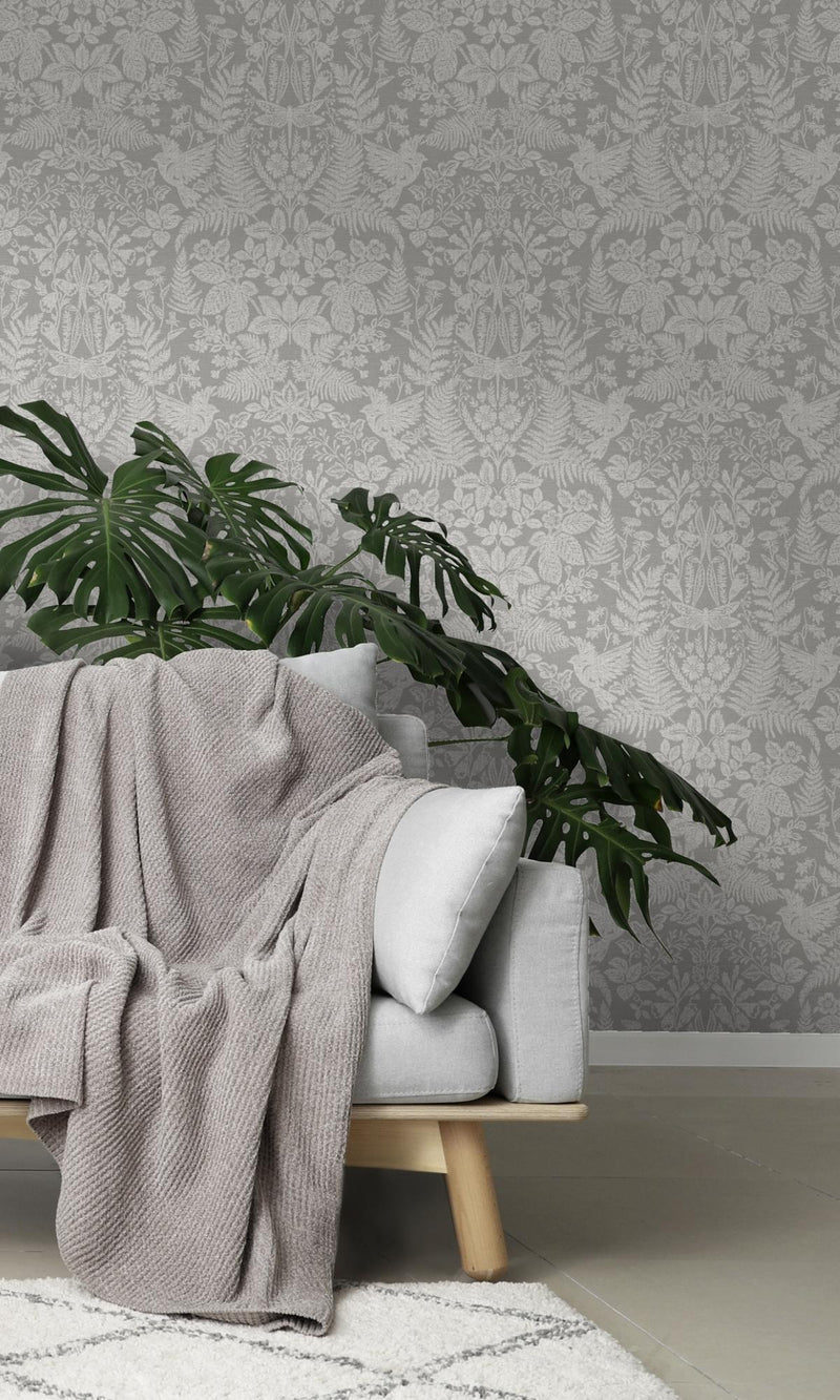 Grey Floral Stitch Damask Wallpaper R7677