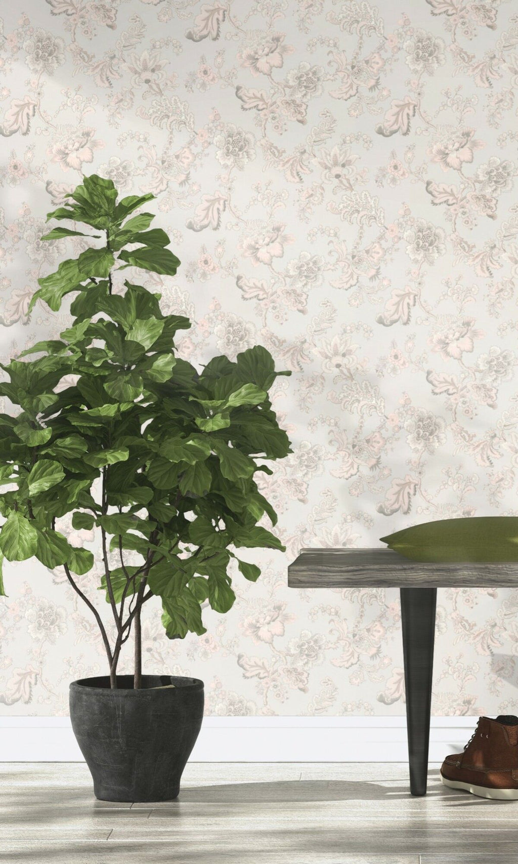 Grey Hand Painted Fantasy Floral Blossoms Wallpaper R7877