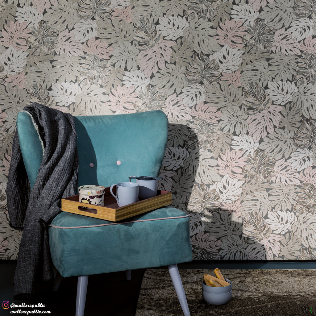 Blush Pink & Cool Grey Bold Overlaying Jungle Leaves Wallpaper R5918