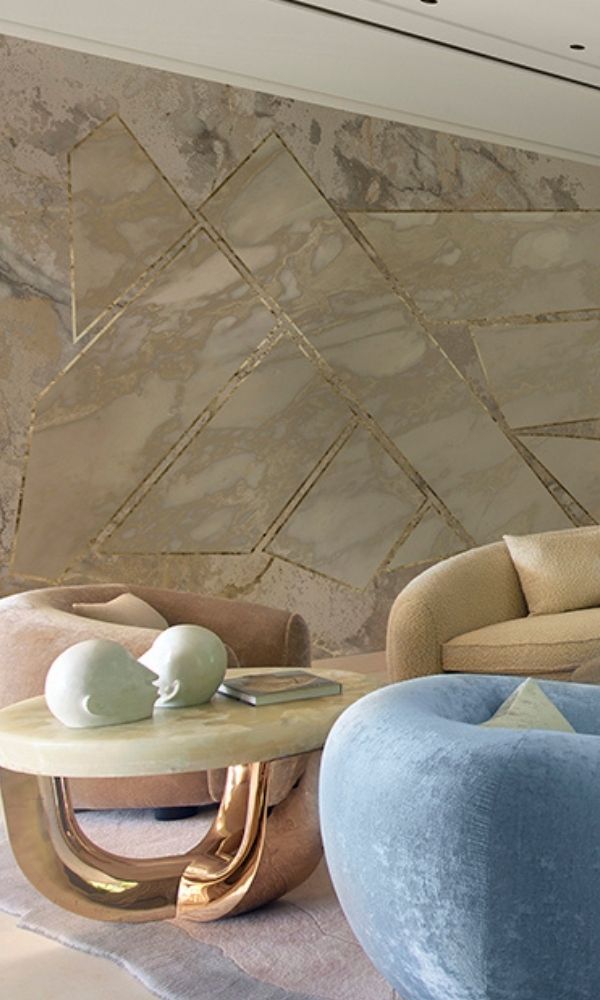 Beige and Grey Metallic Geometric Marble Wallpaper Mural M1043