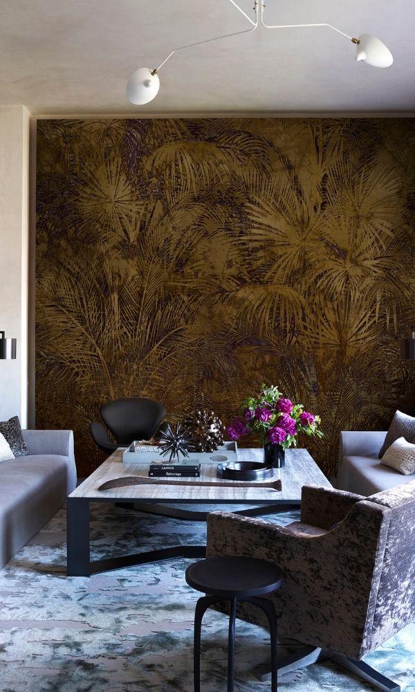 Gold Tropical Vintage Leaves Wallpaper Mural M1046 - Sample